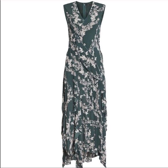 BCBGMaxAzria Dresses & Skirts - BCBGMAXAZRIA Sleeveless Floral Asymmetrical Maxi Cocktail Dress Spruce Green XS